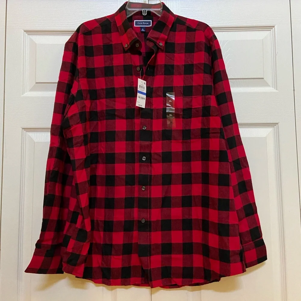 🆕NEW-MEN’S CLUB ROOM BY MACY’S FLANNEL RED AND BLACK PLAID BUTTON DOWN SHIRT. - Picture 5 of 16